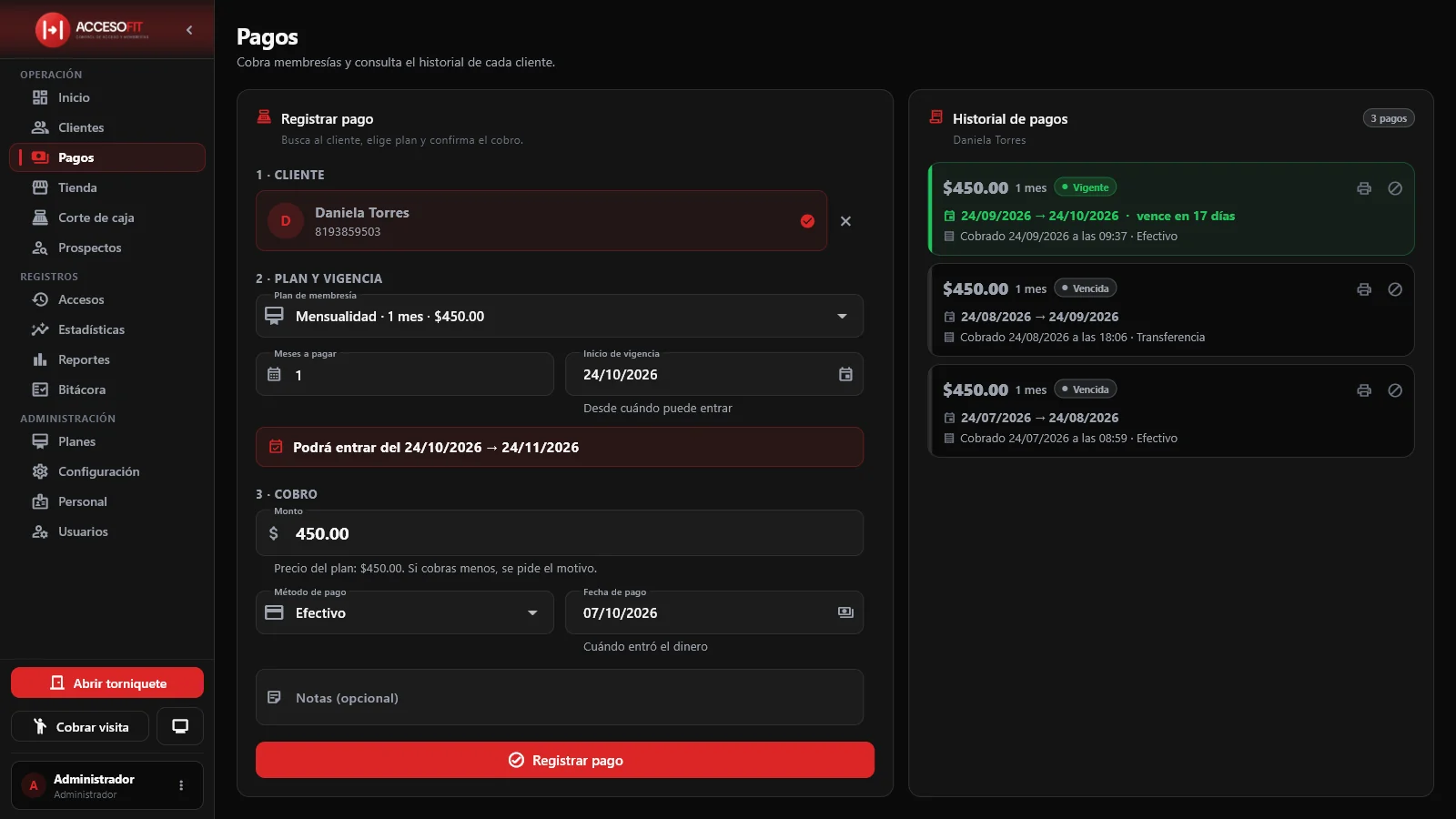 Registrar pago: plan, vigencia y cobro con el historial del socio